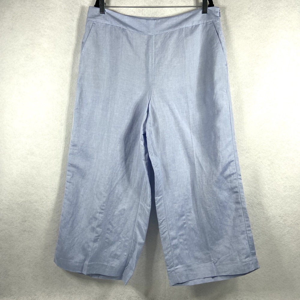 Loft Julie Pants Women's 14 Blue Wide Leg Mid Rise Side Zipper  Linen Blend NWT
